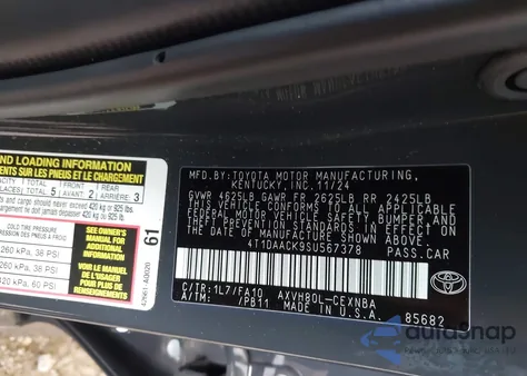 2025 Toyota Camry Le из США, поврежденный, VIN 4T1DAACK9SU567378